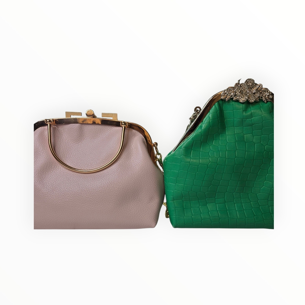 Bundle Of 2 Fun, Whimsical Women's Handbag Set-Green/silver & Pink/gold Accents - Picture 2 of 13